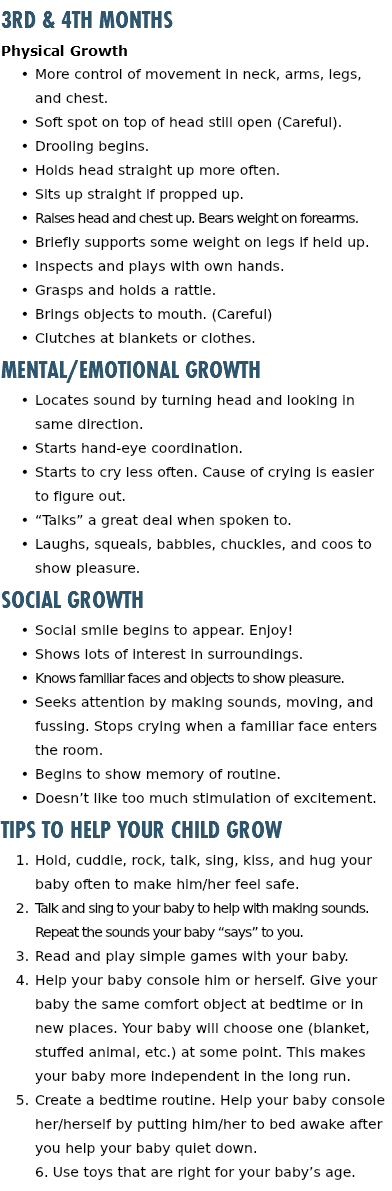 3rd & 4th Months Physical Growth More control of movement in neck, arms, legs, and chest. Soft spot on top of head still open (Careful). Drooling begins. Holds head straight up more often. Sits up straight if propped up. Raises head and chest up. Bears weight on forearms. Briefly supports some weight on legs if held up. Inspects and plays with own hands. Grasps and holds a rattle. Brings objects to mouth. (Careful) Clutches at blankets or clothes. Mental/Emotional Growth Locates sound by turning head and looking in same direction. Starts hand-eye coordination. Starts to cry less often. Cause of crying is easier to figure out. “Talks” a great deal when spoken to. Laughs, squeals, babbles, chuckles, and coos to show pleasure. Social Growth Social smile begins to appear. Enjoy! Shows lots of interest in surroundings. Knows familiar faces and objects to show pleasure. Seeks attention by making sounds, moving, and fussing. Stops crying when a familiar face enters the room. Begins to show memory of routine. Doesn’t like too much stimulation of excitement. Tips to Help Your Child Grow Hold, cuddle, rock, talk, sing, kiss, and hug your baby often to make him/her feel safe. Talk and sing to your baby to help with making sounds. Repeat the sounds your baby “says” to you. Read and play simple games with your baby. Help your baby console him or herself. Give your baby the same comfort object at bedtime or in new places. Your baby will choose one (blanket, stuffed animal, etc.) at some point. This makes your baby more independent in the long run. Create a bedtime routine. Help your baby console her/herself by putting him/her to bed awake after you help your baby quiet down. 6. Use toys that are right for your baby’s age.